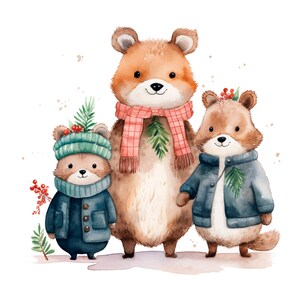 Noël famille animaux Clipart PNG, lot de 15 JPG haute qualité, téléchargement numérique, autocollants, fabrication de cartes, techniques mixtes, créations numériques en papier | 39