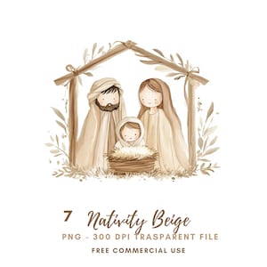 Paquete de 7 imágenes prediseñadas de la Natividad en formato PNG de alta calidad, Sagrada Familia de la Natividad en acuarela, Jesucristo, María y José, pegatinas imprimibles Goodnotes /617