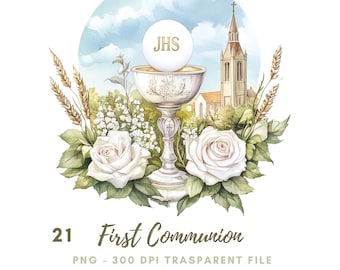 First Communion Clipart PNG,Bundle 21 High Quality, Watercolor Eucharist and Chalice,Printable Stickers Goodnotes, Digital Download| 713
