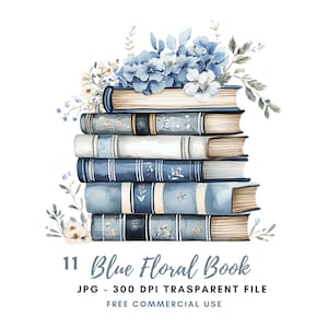 Paquete de 11 imágenes prediseñadas de libros florales PNG de alta calidad, libros azules de acuarela, decoración del hogar, pegatinas imprimibles GOODNOTES, descarga digital/646