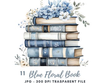 May include: A stack of 11 blue and white watercolor painted books with blue and white flowers on top. The text "11 Blue Floral Book JPG - 300 DPI TRANSPARENT FILE FREE COMMERCIAL USE" is at the bottom of the image.