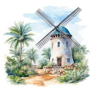 Moulins à vent côte de la mer Clipart PNG, lot de 15 JPG haute qualité, téléchargement numérique, autocollants, fabrication de cartes, techniques mixtes, création numérique en papier | 76