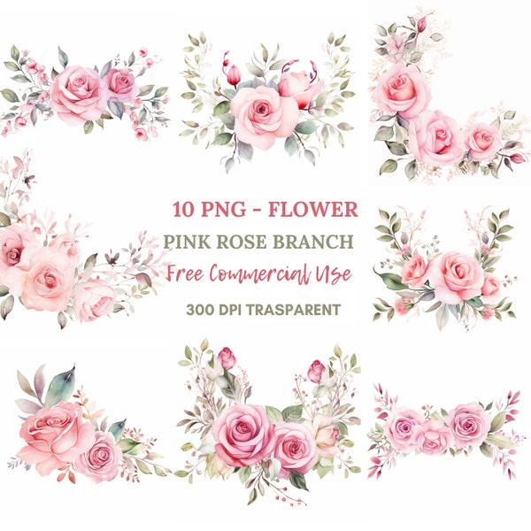 Pink Rose Branch Garland Clipart Bundle 10 High Quality PNG, Watercolor Border,Digital Download,Card Making,Digital Paper Craft| 190