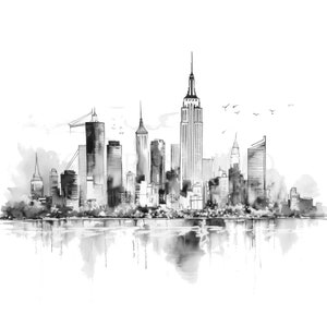 PNG clipart dello skyline di New York, bundle 12 di alta qualità, inchiostro nero di paesaggio urbano, adesivi stampabili, download digitale, creazione di cartoline, supporti misti/420