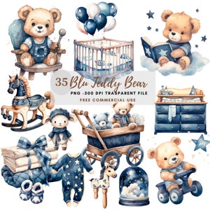 Blue Teddy Bear Nursery Clipart PNG,35 High Quality JPGs,Watercolor Digital Download,Card Making, Digital Paper Craft| 75