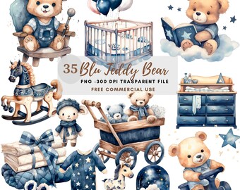 Könnte beinhalten: Ein Set mit 35 blauen und braunen Aquarell-Illustrationen mit einem Teddybär, einem Schaukelpferd, einem Kinderbett, einem Wagen, einer Kommode und anderen babybezogenen Gegenständen. Die Illustrationen sind perfekt zum Erstellen von Einladungen, Karten und anderen Bastelarbeiten.