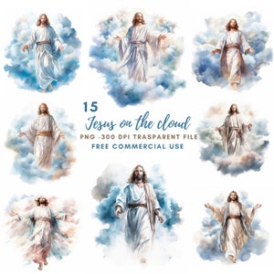 Pacchetto di clipart di Gesù Cristo 15 PNG di alta qualità, Gesù acquerello su nuvola, adesivi stampabili, download digitale, creazione di cartoline, supporti misti/ 272