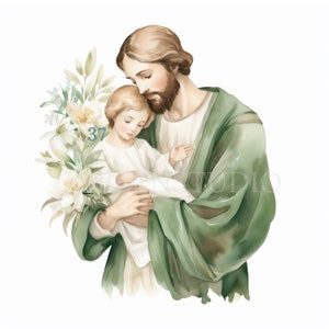 Saint Joseph Clipart Bundle 15 PNG haute qualité, Saint Joseph avec Jésus, téléchargement numérique, fabrication de cartes, techniques mixtes, création numérique en papier | 253