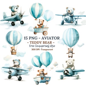 Teddy Bear Aviator Watercolor Clipart PNG,15 High Quality JPG,Bundle Clipart,Digital Download,Card Making,Mixed Media,Digital Paper Craft|12