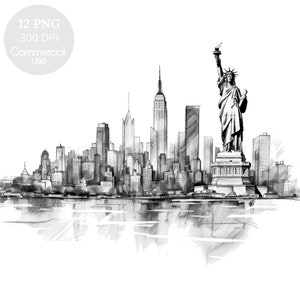 PNG clipart dello skyline di New York, bundle 12 di alta qualità, inchiostro nero di paesaggio urbano, adesivi stampabili, download digitale, creazione di cartoline, supporti misti/420