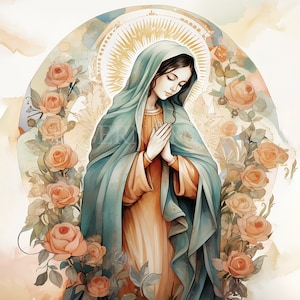 Nostra Signora di Guadalupe Clipart JPG,14 Alta qualità,Acquerello Vergine Maria Download digitale,Creazione di cartoline, Supporti misti, Mestiere di carta digitale/ 252