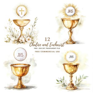 Erstkommunion Clipart PNG, Bündel 12 hohe Qualität, Aquarell Jesus Eucharistie und Kelch, bedruckbare Aufkleber Goodnotes, digitaler Download|781