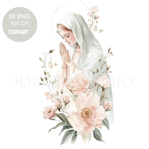 Pacchetto di 11 clipart di Vergine Maria e fiori PNG di alta qualità/Acquerello neutro Santa Maria/Adesivi stampabili Goodnotes/Download digitale/772