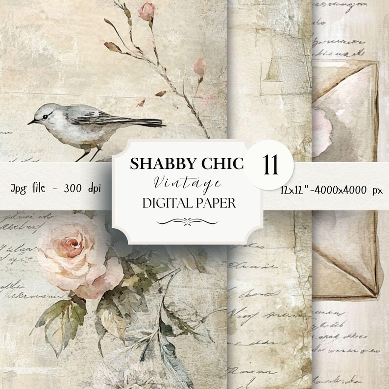 Shabby Chic Digital Paper Pack -11 Love Pages Scrapbook Junk Journal ...