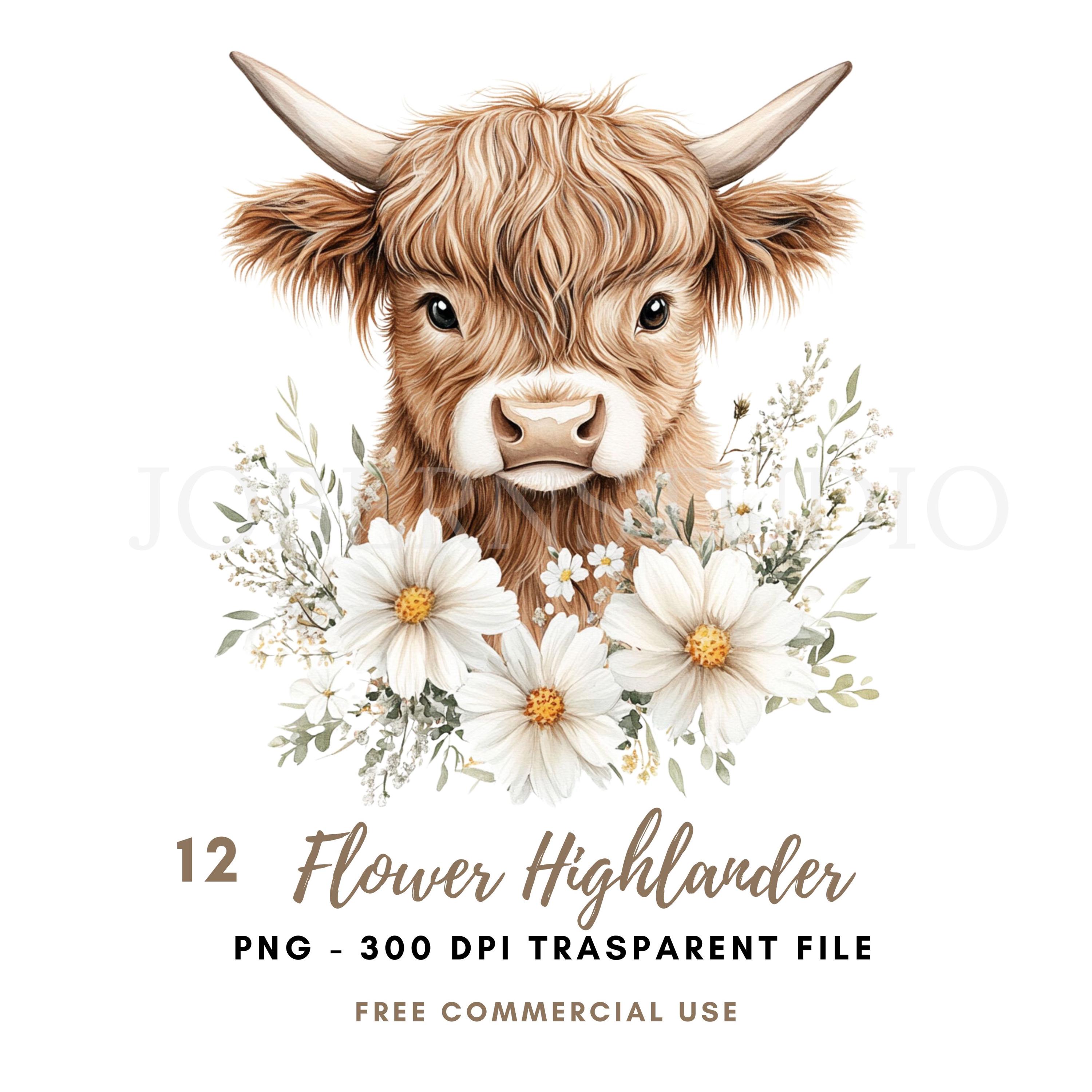 Flower Highlander Clipart PNG Bundle 12 High Quality,watercolor ...