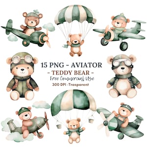 Ours en peluche aviateur Clipart PNG Bundle 15 JPG haute qualité, téléchargement numérique, autocollants, fabrication de cartes, techniques mixtes, créations numériques en papier | 46