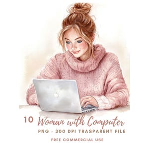 Clipart femme PNG, lot de 10 haute qualité, aquarelle femme avec ordinateur, autocollant imprimable Goodnotes, téléchargement numérique, papier numérique | 642