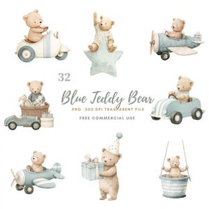 Könnte beinhalten: Aquarellillustrationen von Teddybären in verschiedenen Fahrzeugen und Umgebungen. Bären fahren Roller, Flugzeug, Auto und schaukeln. Ein Bär hält ein Geschenk. Der Text lautet "Blue Teddy Bear".