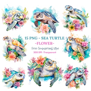 Imágenes prediseñadas de flores de tortugas marinas PNG, paquete 15 JPG de alta calidad, descarga digital, pegatinas imprimibles, fabricación de tarjetas, medios mixtos, artesanía de papel digital / 80