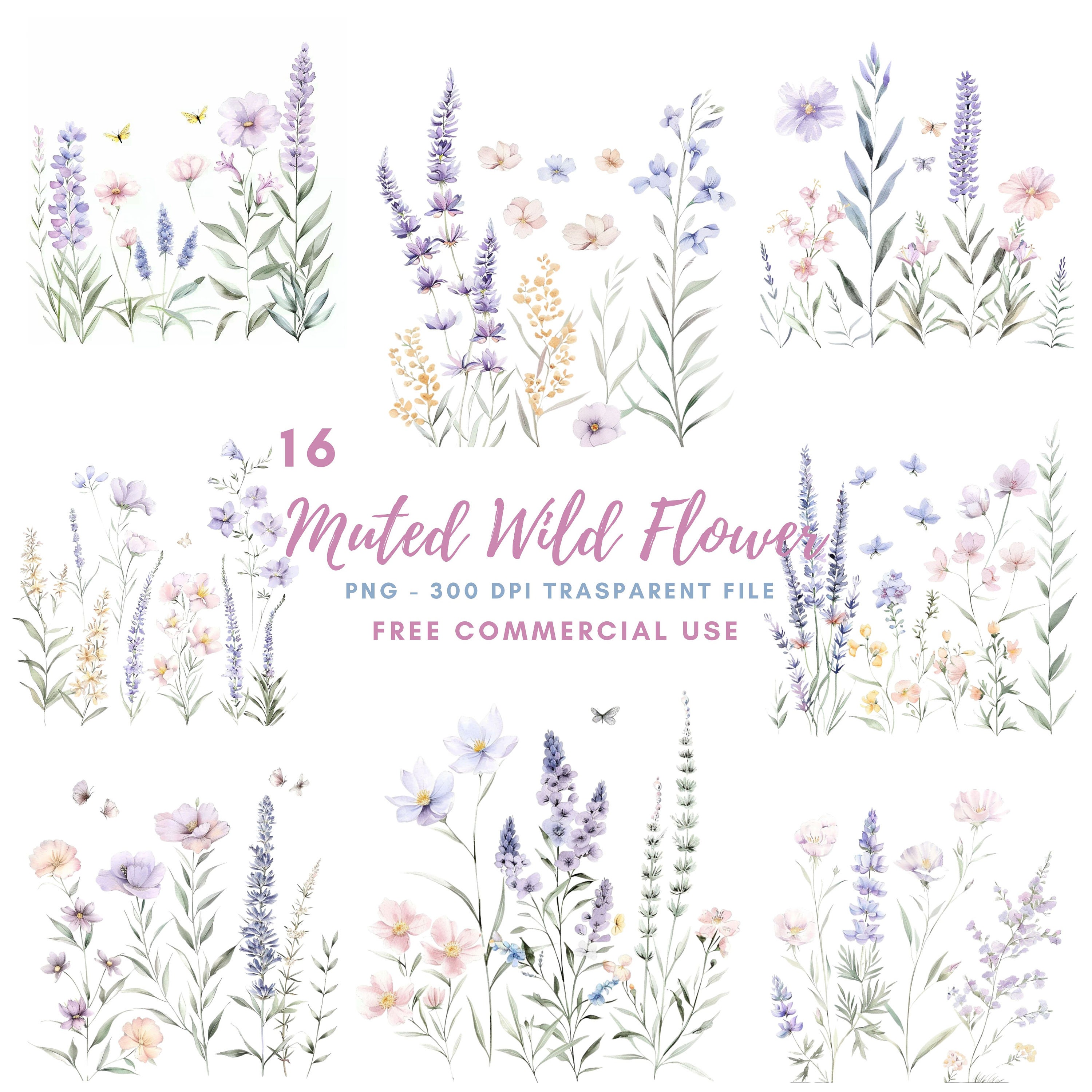 Muted Wild Flower Border Clipart Bundle 16 High Quality Png,watercolor ...