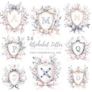 Paquete de 26 imágenes prediseñadas de letras del alfabeto floral de alta calidad PNG, letras de escudo de armas de acuarela, pegatinas imprimibles Goodnotes, descarga digital/667