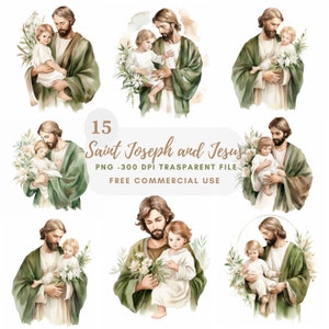 Pacchetto Clipart San Giuseppe 15 PNG di alta qualità, San Giuseppe con Gesù, Download digitale, Creazione di cartoline, Supporti misti, Artigianato in carta digitale/ 253