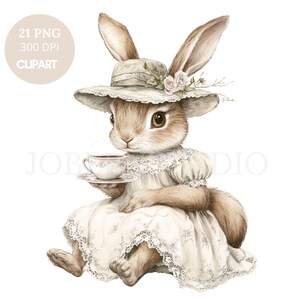 Bunny con tazza Clipart PNG Bundle 21 Alta qualità, acquerello coniglio tazza tè / Download digitale / Adesivi stampabili Goodnotes / 766