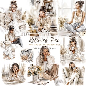 Watercolor Relaxing Time Woman Clipart PNG,Bundle 110 High Quality|Beige Beautiful Girl,Printable Stickers Goodnotes, Digital Download |820