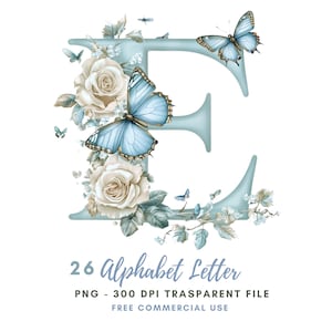 Paquete de 26 imágenes prediseñadas de letras del alfabeto floral PNG de alta calidad, mariposas con letras de acuarela, pegatinas imprimibles Goodnotes, descarga digital/ 676
