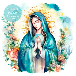 Nostra Signora di Guadalupe, Acquerello Clipart PNG,15 JPG di alta qualità,Download digitale,Creazione di cartoline, Supporti misti, Mestiere con carta digitale/ 10