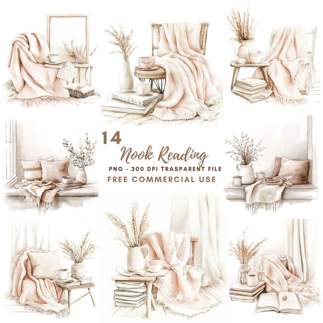 Reading Nook Book Clipart, Bundle 14 High Quality Png,watercolor Boho ...