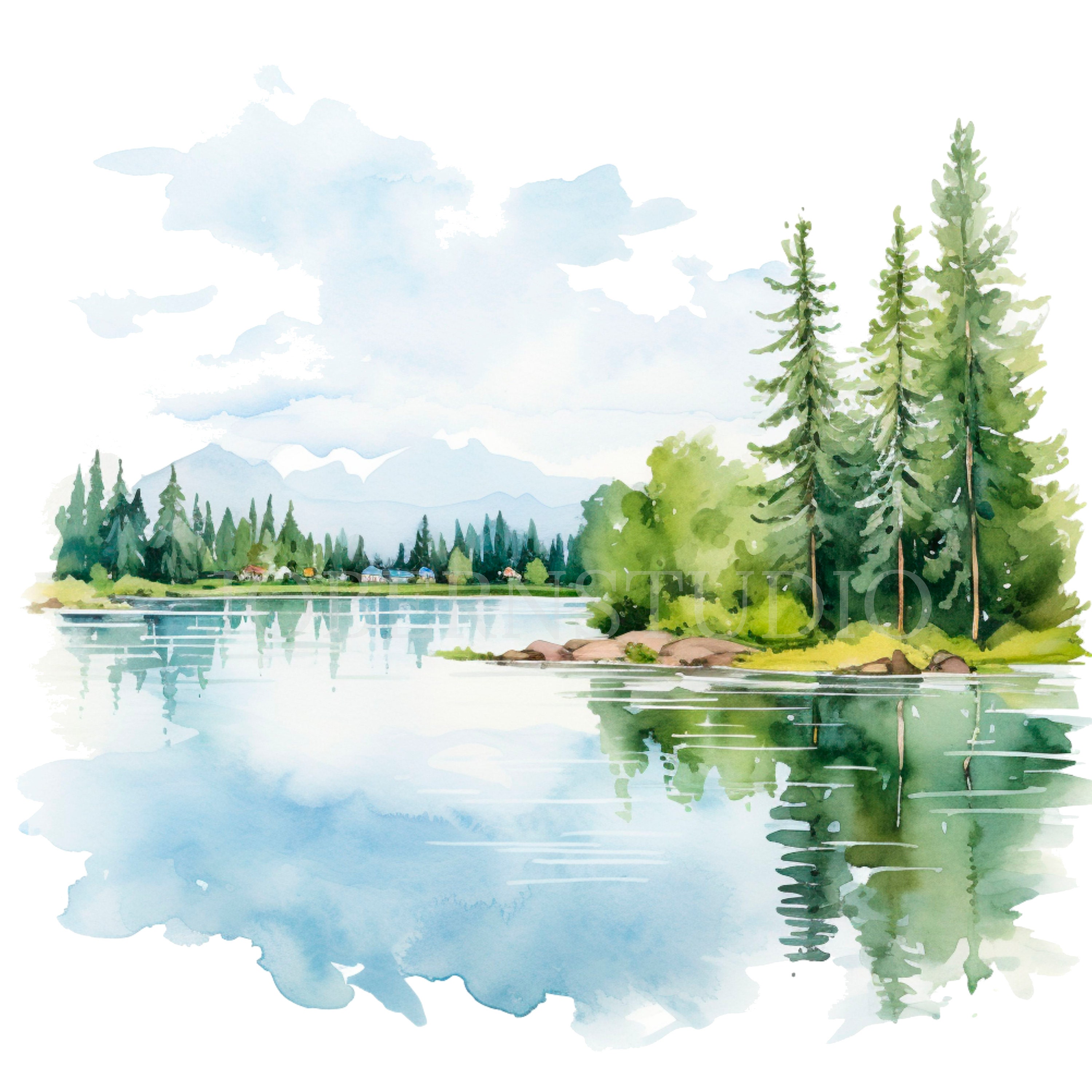 Lake Landscape Clipart PNG,Bundle 15 High Quality JPG,Watercolor Mountain,Digital Download,Card Making,Mixed Media,Digital Paper Craft| 161