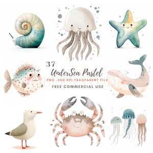 PNG sottomarino Clipart, Pacchetto 37 Alta qualità, Pesce di mare acquerello, Download digitale, Adesivi, Creazione di cartoline, Supporti misti, Creazioni di carta digitale/223