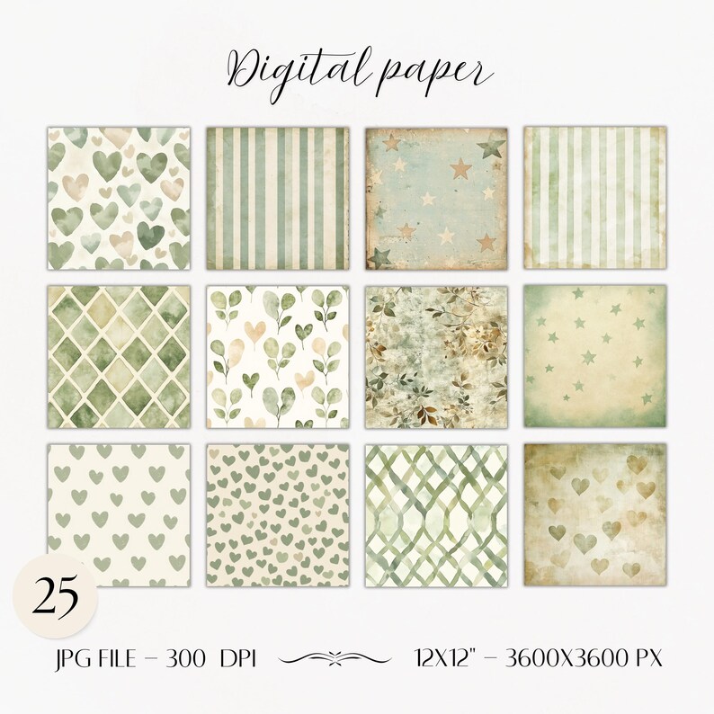 Vintage Sage Green Digital Paper Pack- Scrapbook Junk Journal Papers ...