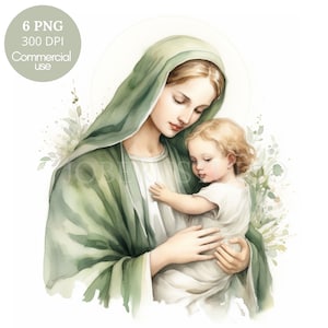 Vergine Maria Clipart, Pacchetto 6 PNG di alta qualità, Acquerello verde Madonna, Download digitale, Adesivi stampabili, Carta digitale artigianale/ 521
