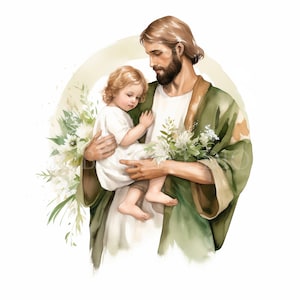 Pacchetto Clipart San Giuseppe 15 PNG di alta qualità, San Giuseppe con Gesù, Download digitale, Creazione di cartoline, Supporti misti, Artigianato in carta digitale/ 253