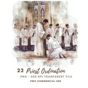 Clipart de Ordenación Sacerdotal PNG, Paquete de 22 de Alta Calidad, Eucaristía e Iglesia en Acuarela, Pegatinas Imprimibles Goodnotes, Descarga Digital/ 777