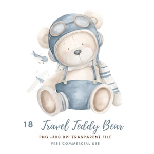 Miś podróżny lotnik Clipart PNG Pakiet 18 Wysokiej Jakości|Akwarela Dziecięcy Miś Miś Cyfrowe Pobieranie, Naklejki Goodnotes Do Wydrukowania|816
