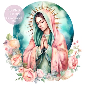 Nostra Signora di Guadalupe, Acquerello Clipart PNG,15 JPG di alta qualità,Download digitale,Creazione di cartoline, Supporti misti, Mestiere con carta digitale/ 10