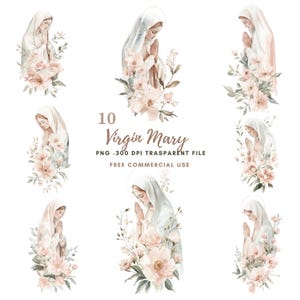 Pacchetto di 11 clipart di Vergine Maria e fiori PNG di alta qualità/Acquerello neutro Santa Maria/Adesivi stampabili Goodnotes/Download digitale/772