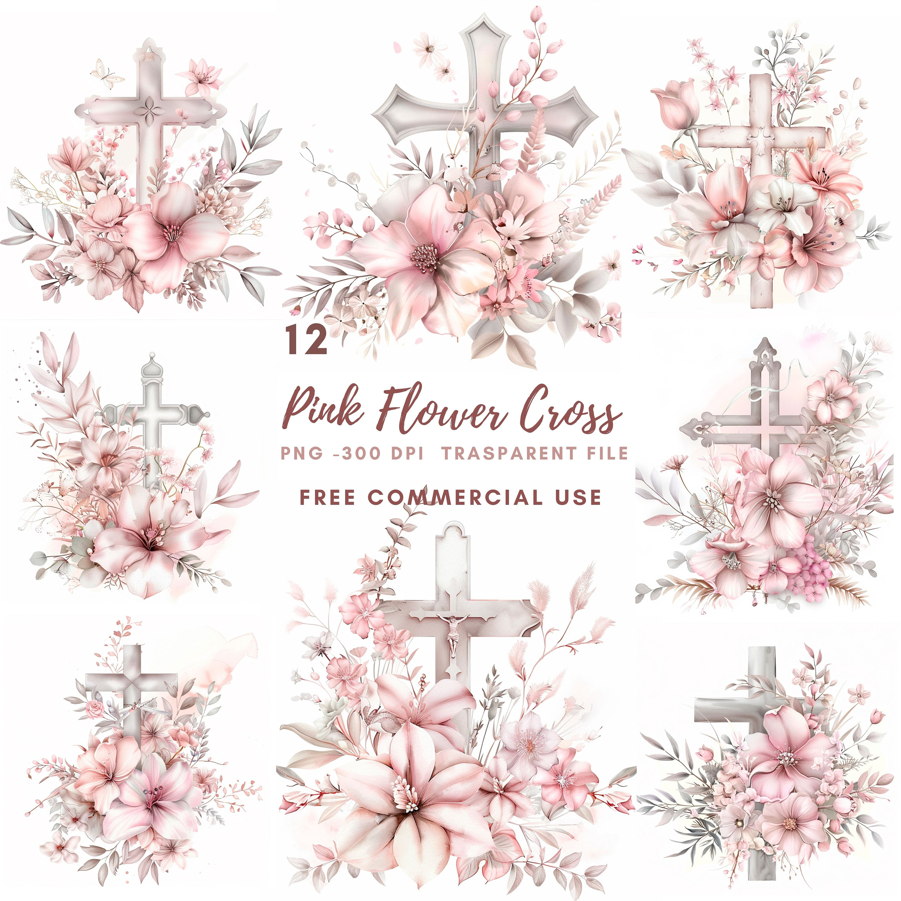 Pink Abstract Cross Pink Flower Cross Clipart Bundle 12 High Quality Png,cross Watercolor ...