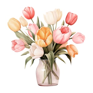 Tulips Flower Vase Clipart Bundle 12 High Quality PNG, Watercolor Floral Border, Digital Download,Card Making,Digital Paper Craft| 342