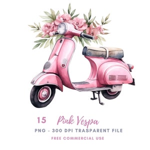 Pacchetto clipart Vespa rosa 15 PNG di alta qualità, acquerello moto Vespa, adesivo stampabile, download digitale, artigianato in carta digitale/ 431