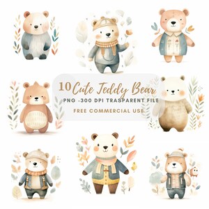 Teddy Bear Baby Party Clipart PNG,10 Haute Qualité, Aquarelle Téléchargement numérique, Fabrication de cartes, Licence commerciale, Digital Paper Craft| 173