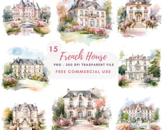 French House Clipart PNG,Bundle 15 High Quality,Watercolor Provence ,Digital Download,Card Making,Mixed Media,Printable Stickers| 423