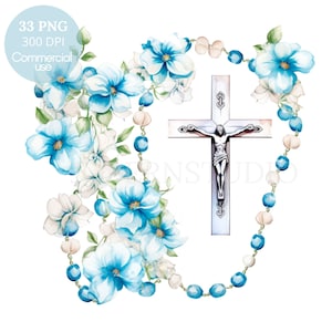 Set di 33 clipart floreale con rosario, PNG di alta qualità, acquerello con croce, adesivi, download digitale, creazione di cartoline, supporti misti, creazione digitale con la carta/445