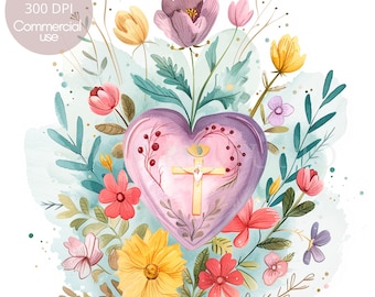 Sacred Heart Clipart Bundle 15 High Quality PNG, Watercolor Jesus Mary, Digital Download,Card Making,Mixed Media,Digital Paper Craft| 263