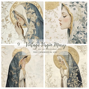 Pacchetto di 9 clipart della Vergine Maria PNG di alta qualità / Acquerello vintage della Santa Maria / Adesivi stampabili Goodnotes / Download digitale / 793
