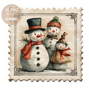 Vintage Post Stamps Christmas Snowman Clipart PNG,Bundle 10 High Quality ,Beige Snowman,Printable Stickers Goodnotes, Digital Download| 924