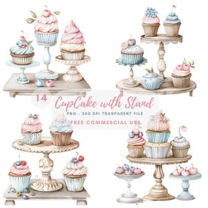 Cupcake com suporte clipart, pacote 14 PNG de alta qualidade, aquarela CapCake, adesivo para impressão, download digital, confecção de cartão, papel digital |